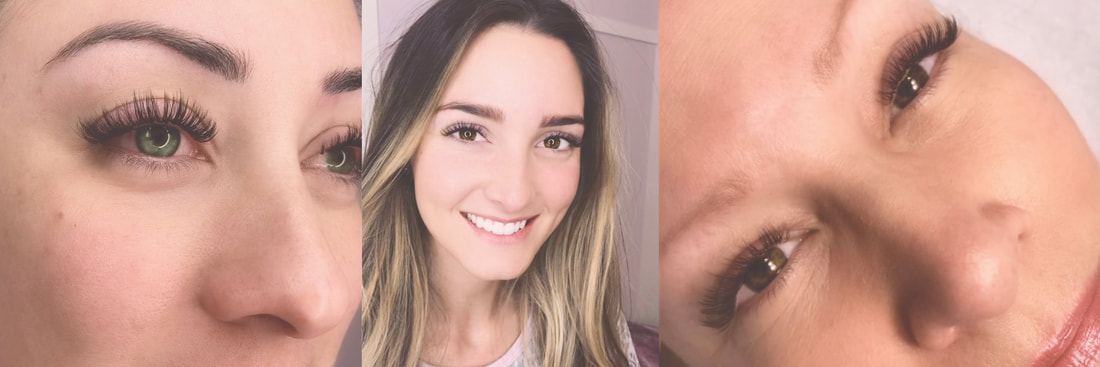 Three photos of women's eyes, highlighting their eyelash extenions